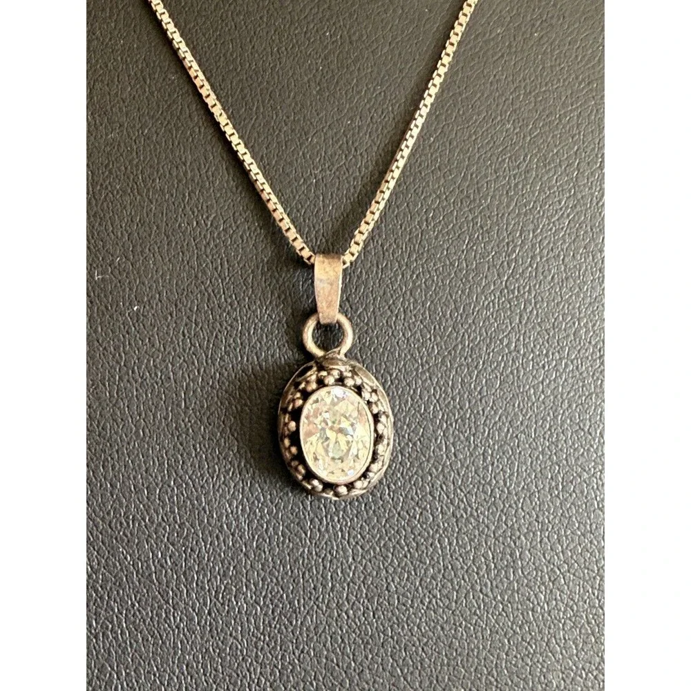 925 Sterling Silver Oval Clear Gemstone Pendant Necklace Vintage boho native